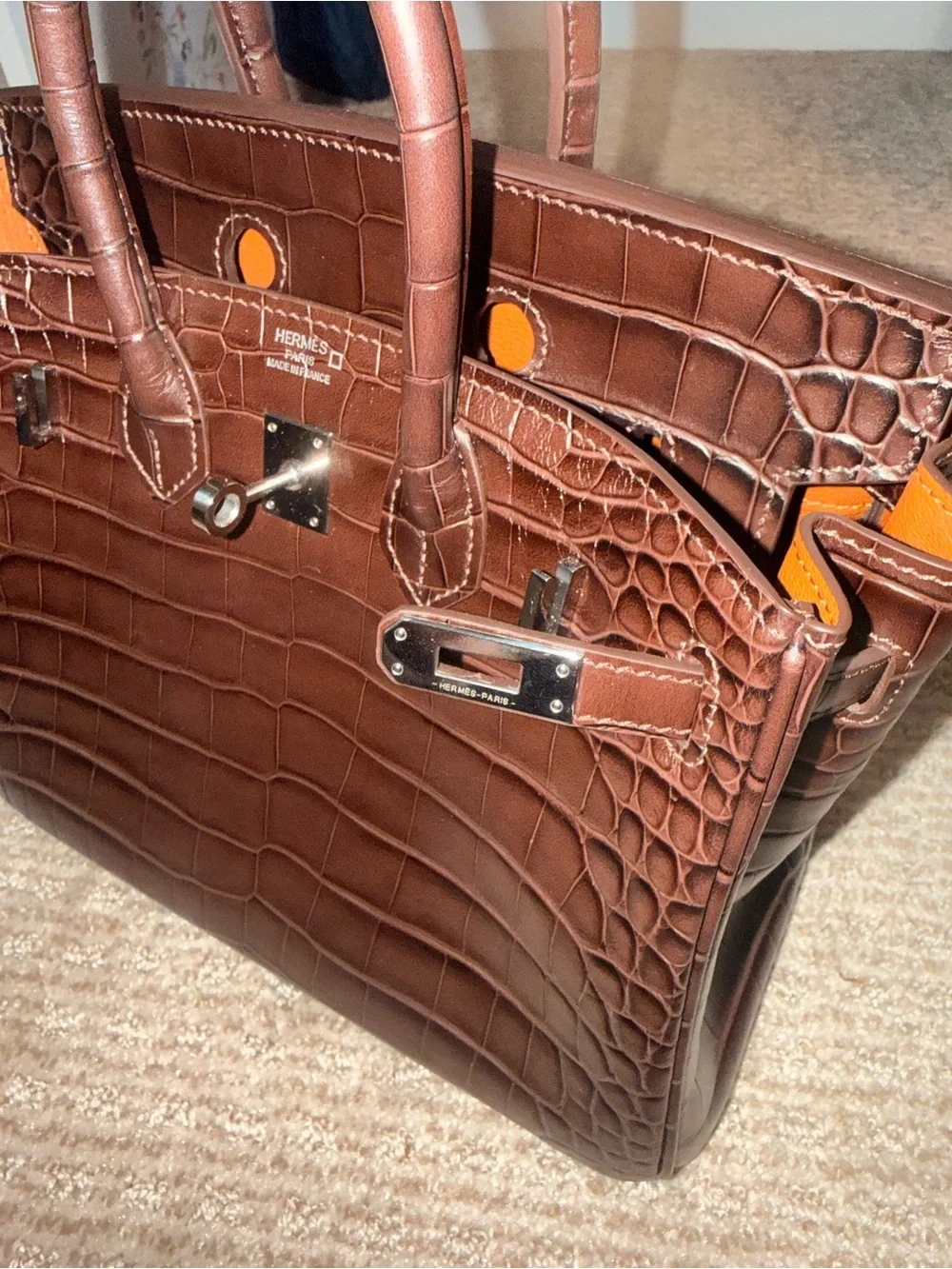 Brown Croc-Embossed Satchel-  25cm